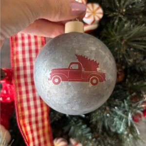 Set of 6 Vintage Inspired Galvanized Tin Christmas Ornament with Red Truck
